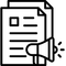 Black outline icon of documents with a megaphone, suggesting an announcement or notification