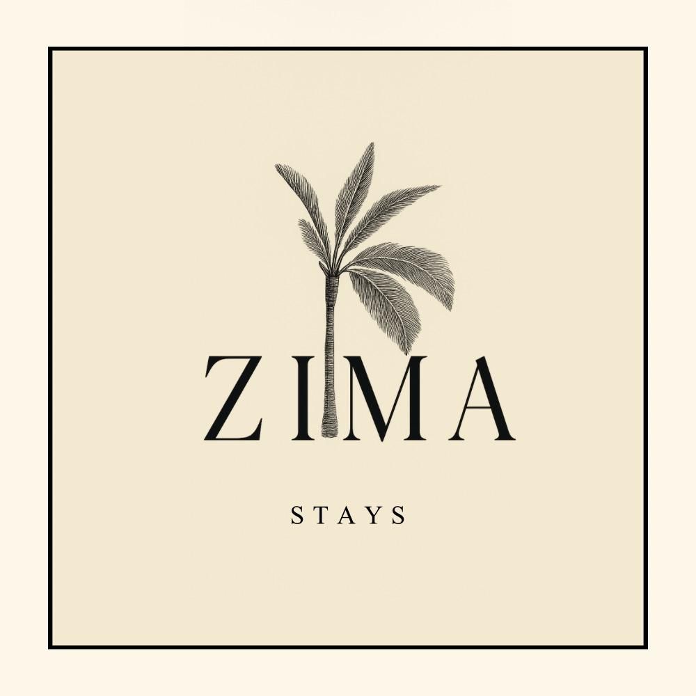 Logotipo de ZIMA STAYS con una hoja de palma sobre fondo beige dentro de un fino borde negro.