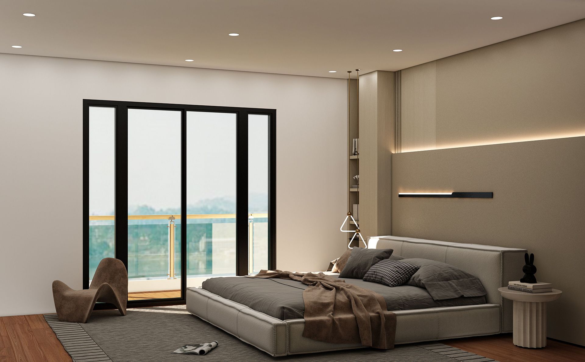 Habitación moderna con grandes ventanales, una cama baja tipo plataforma y vistas a la costa a través