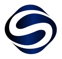 Abstract blue-and-white swirling S-shaped logo on a white background
