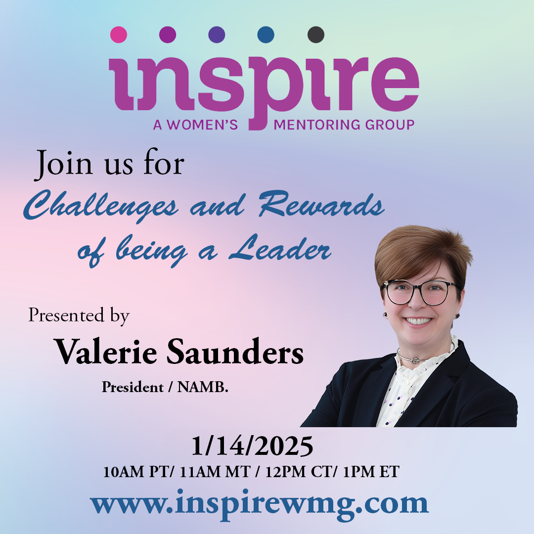Inspire Women’s Mentoring Group event poster for “Challenges and Rewards of Being a Leader” with Valerie Saunders