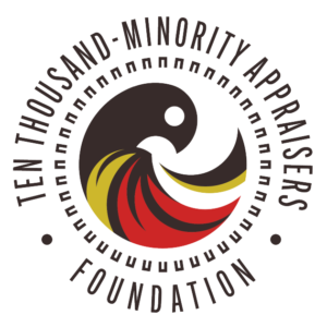 Ten Thousand Minority Appraisers Foundation logo with abstract black, red, yellow, and white circular design