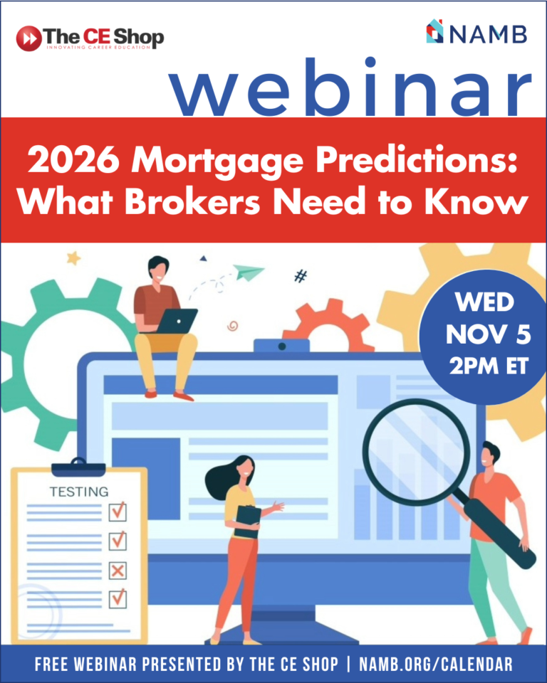 Webinar banner: “2026 Mortgage Predictions: What Brokers Need to Know,” with gears, charts, and laptop illustration