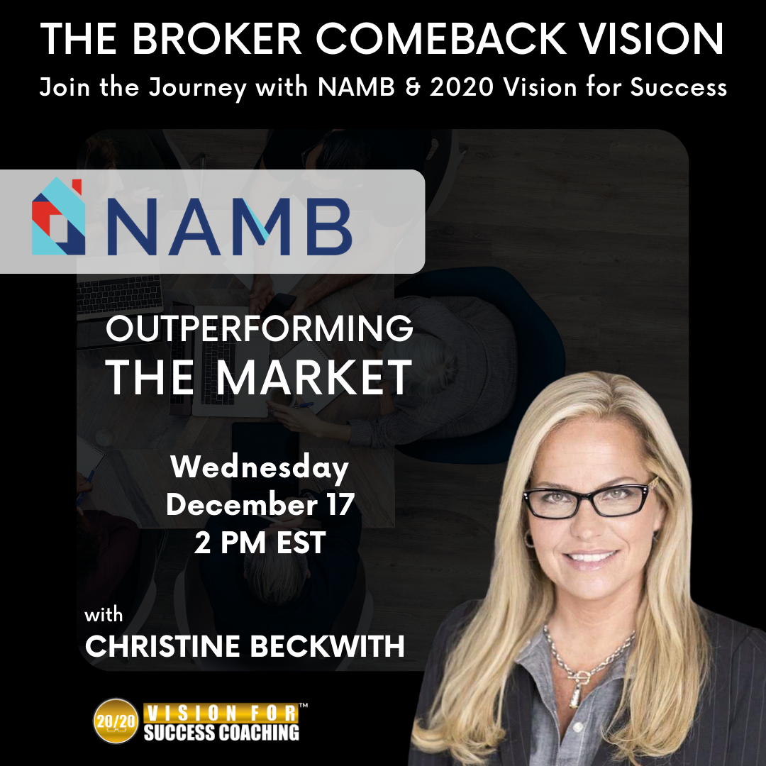 NAMB webinar promo: “The Broker Comeback Vision” with Christine Beckwith and event details on a dark background