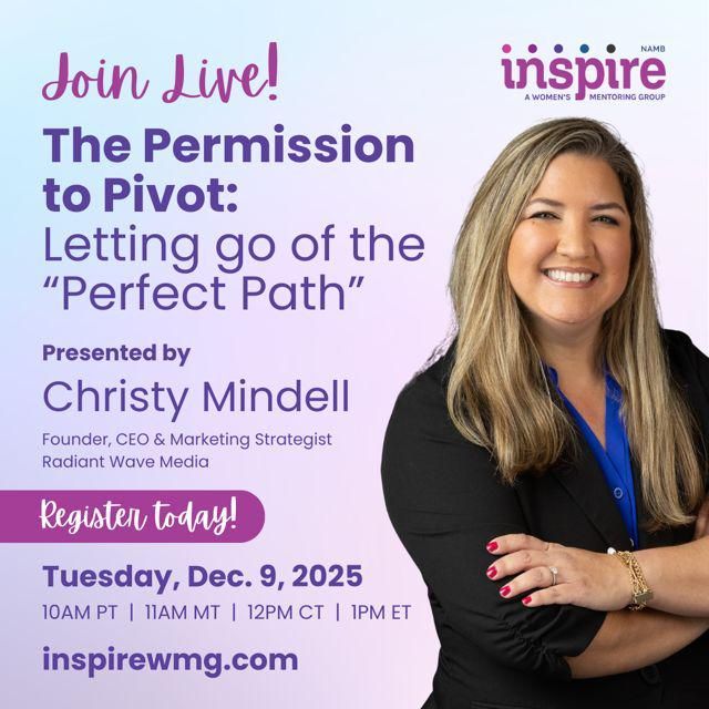 Purple webinar promo with smiling speaker Christy Mindell and text: “The Permission to Pivot” on Dec. 9, 2025.
