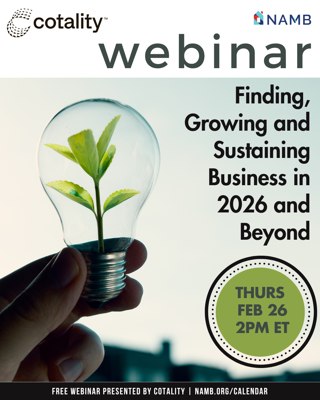 Webinar poster: sprouting plant in a light bulb, titled “Finding, Growing, and Sustaining Business in 2026 and Beyond”