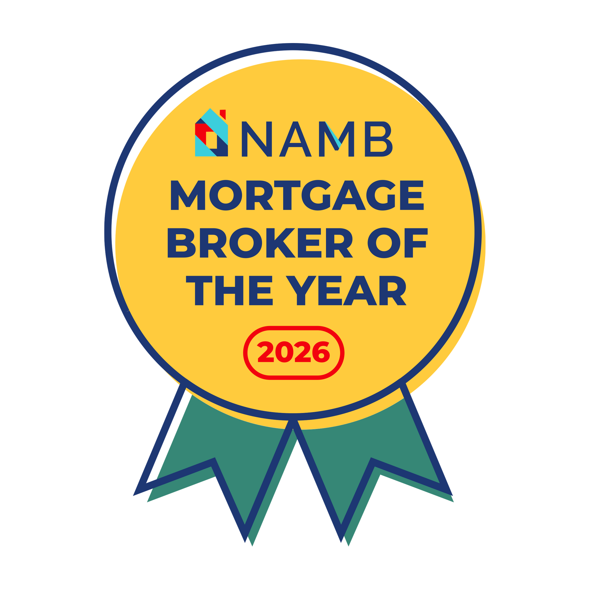 NAMB Mortgage Broker of the Year 2026 award ribbon in yellow, blue, teal, and red