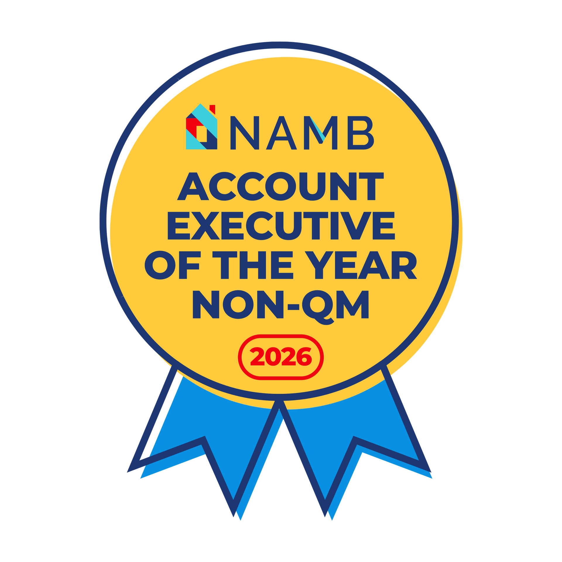 Award ribbon badge reading “NAMB Account Executive of the Year Non-QM 2026” in blue, gold, and red