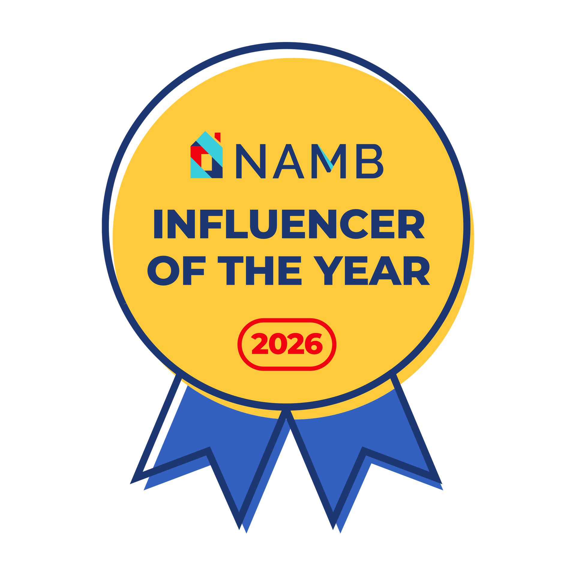 NAMB Influencer of the Year 2026 badge with yellow center and blue ribbon