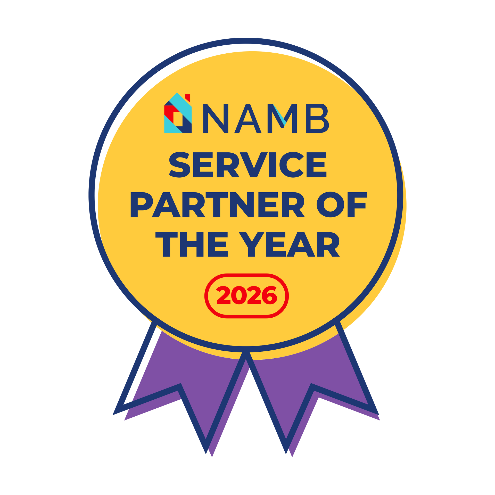 NAMB Service Partner of the Year 2026 badge with gold circle and purple ribbons
