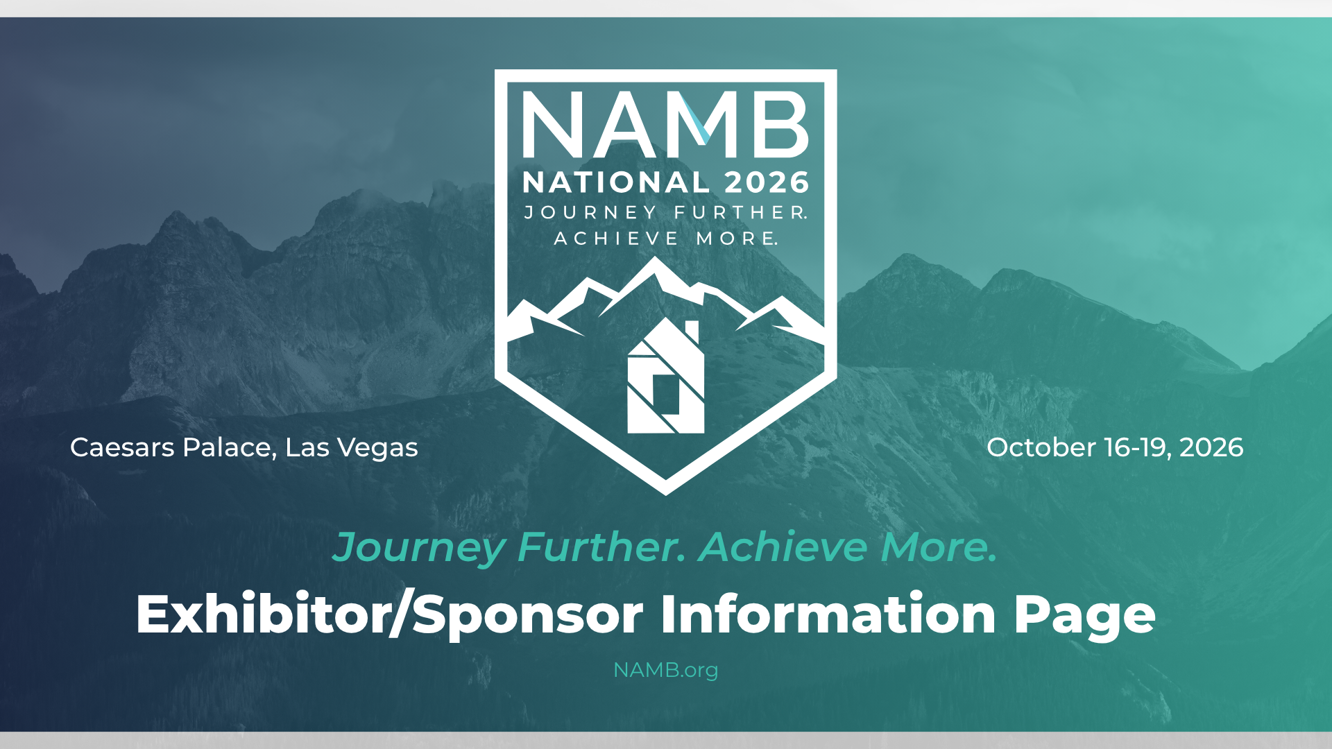NAMB National 2026 exhibitor/sponsor info page with mountain backdrop, dates, and locations Las Vegas and Orlando