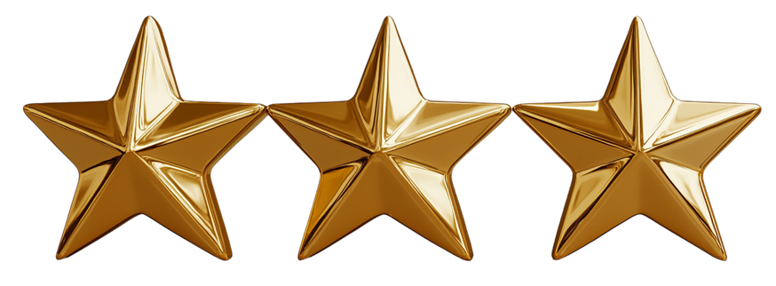 Three gold stars in a row, glossy metallic icons on a white background