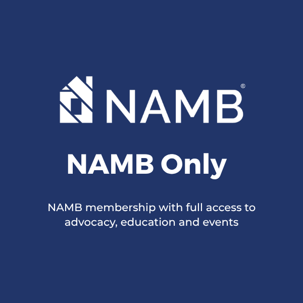 NAMB Only membership graphic on dark blue background with logo and text about advocacy, education, and events