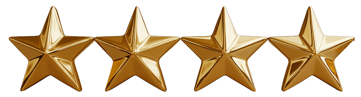 Four gold five-pointed stars in a row on a white background