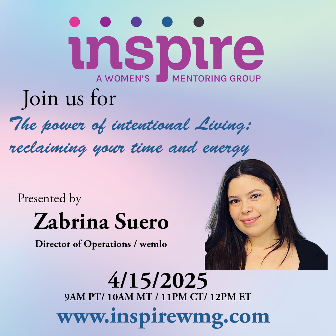Inspire women’s mentoring group event poster with Zabrina Suero, date, time, and webinar link