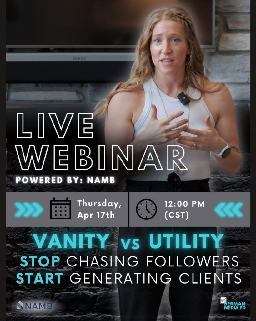 Live webinar promo with a woman speaking, “Vanity vs Utility,” Thursday, Apr 17, 12:00 PM CST