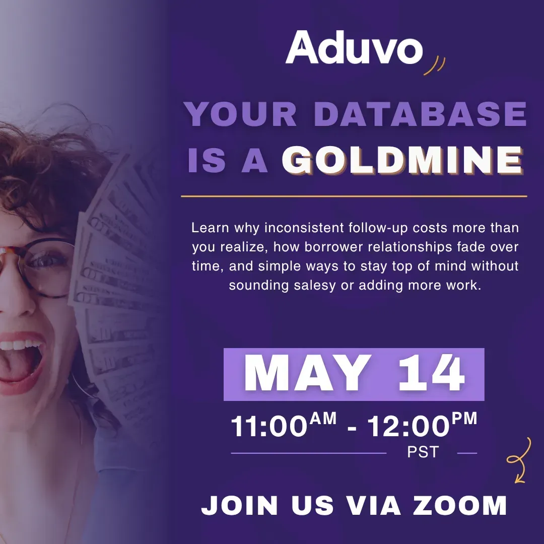 Purple webinar flyer for Aduvo: “Your Database Is a Goldmine,” May 14, 11 AM–12 PM PST, join via Zoom