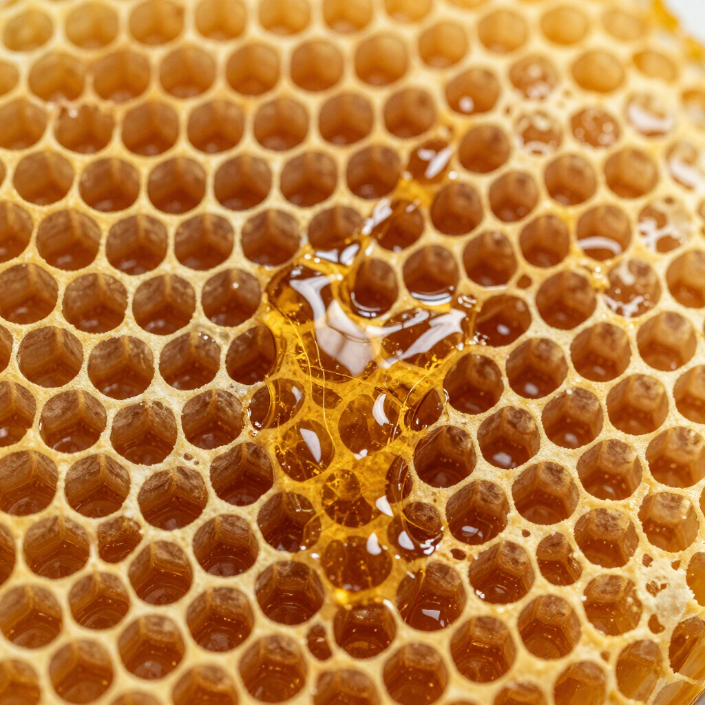 Close-up of golden honeycomb with glossy honey pooling in the center