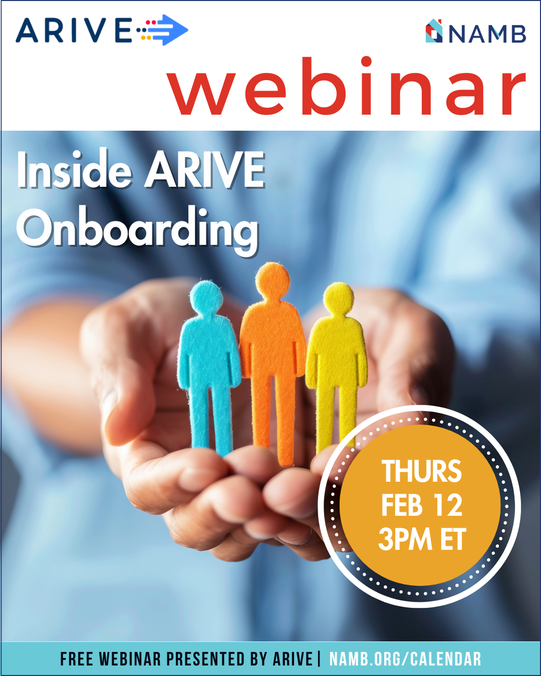 ARIVE webinar banner: Inside ARIVE Onboarding, with hands holding three colorful figures and date Thurs Feb 12, 3 PM ET