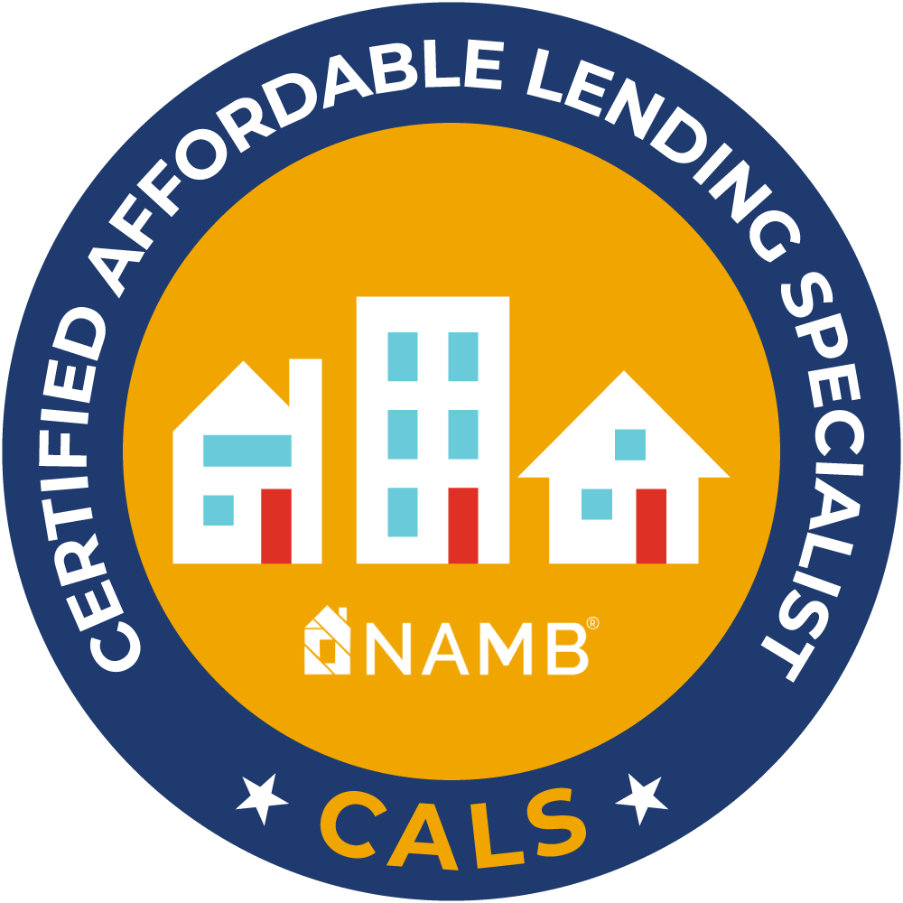 cfmp-badge NAMB CALS certified affordable lending specialist badge with blue ring, yellow center, and house icons