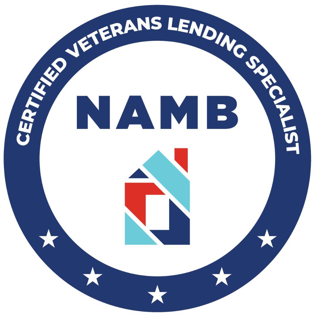 CVLSLogo.v3a Certified Veterans Lending Specialist NAMB badge logo with blue ring and red, teal, and navy house icon