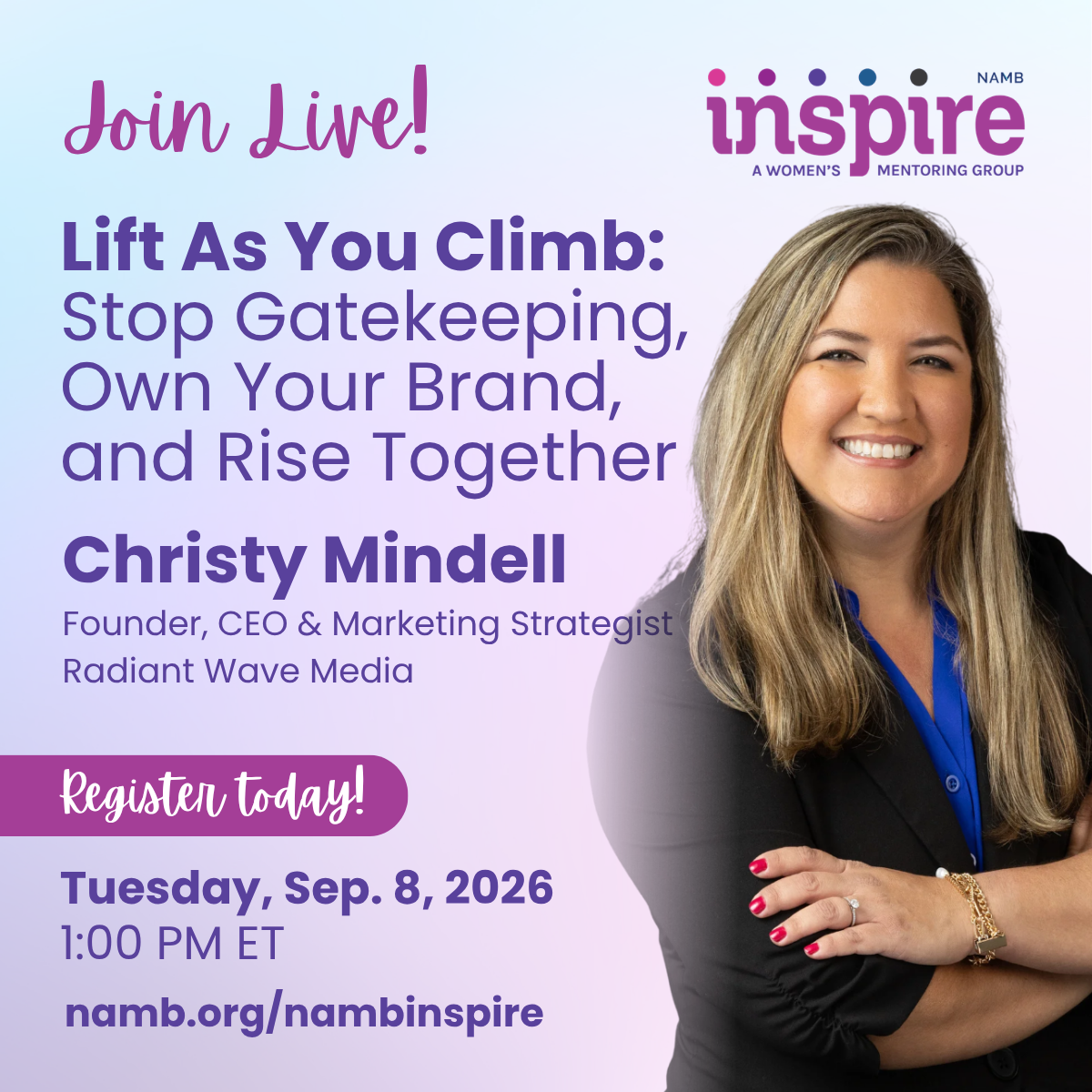 Purple and gold NAMB Women’s Mentoring Group flyer: “Register Today! Share with a colleague.”