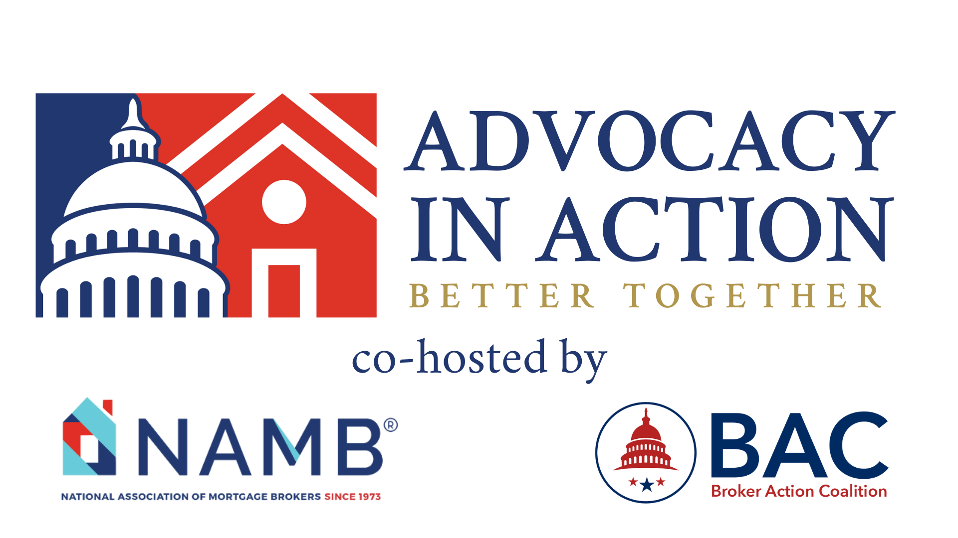 Cohosts (2) Advocacy In Action event logo with U.S. Capitol icon and NAMB and BAC co-hosting logos