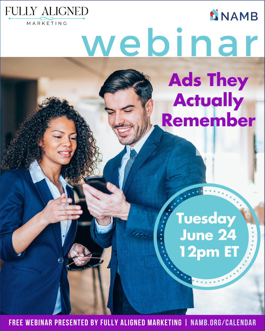 Two people looking at a phone at a webinar promo with “Ads They Actually Remember” and event date June 24, 12pm ET