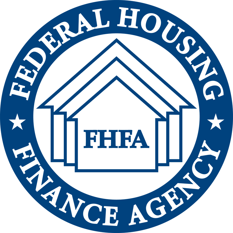 Blue circular FHFA logo with white house outline and “FEDERAL HOUSING FINANCE AGENCY” text