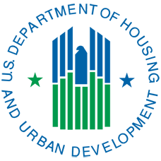 U.S. Department of Housing and Urban Development seal with blue and green building icon and stars