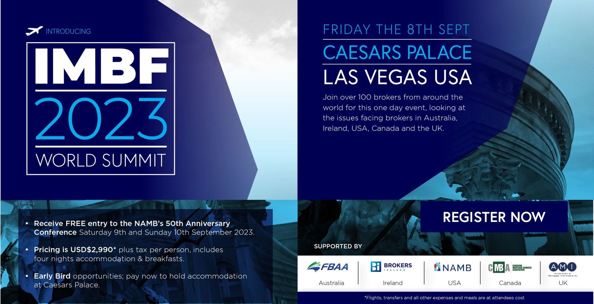 IMBE 2023 World Summit poster for Caesars Palace, Las Vegas, with blue geometric design and register now banner