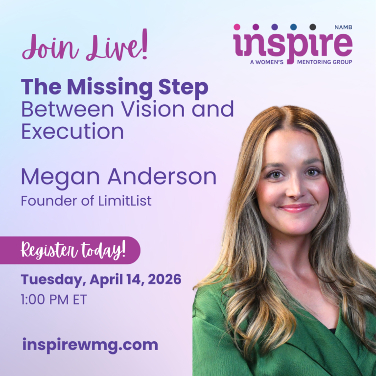 Promotional webinar flyer: “The Missing Step Between Vision and Execution” with Megan Anderson, April 14, 2026.