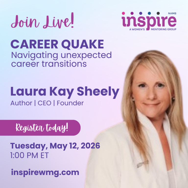 Career Quake webinar poster with Laura Kay Sheely portrait, Join Live, May 12, 2026, inspire logo and website URL