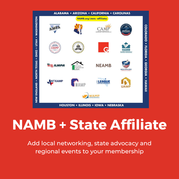 NAMB + State Affiliate graphic with multiple state logos on a red background, promoting local networking and advocacy