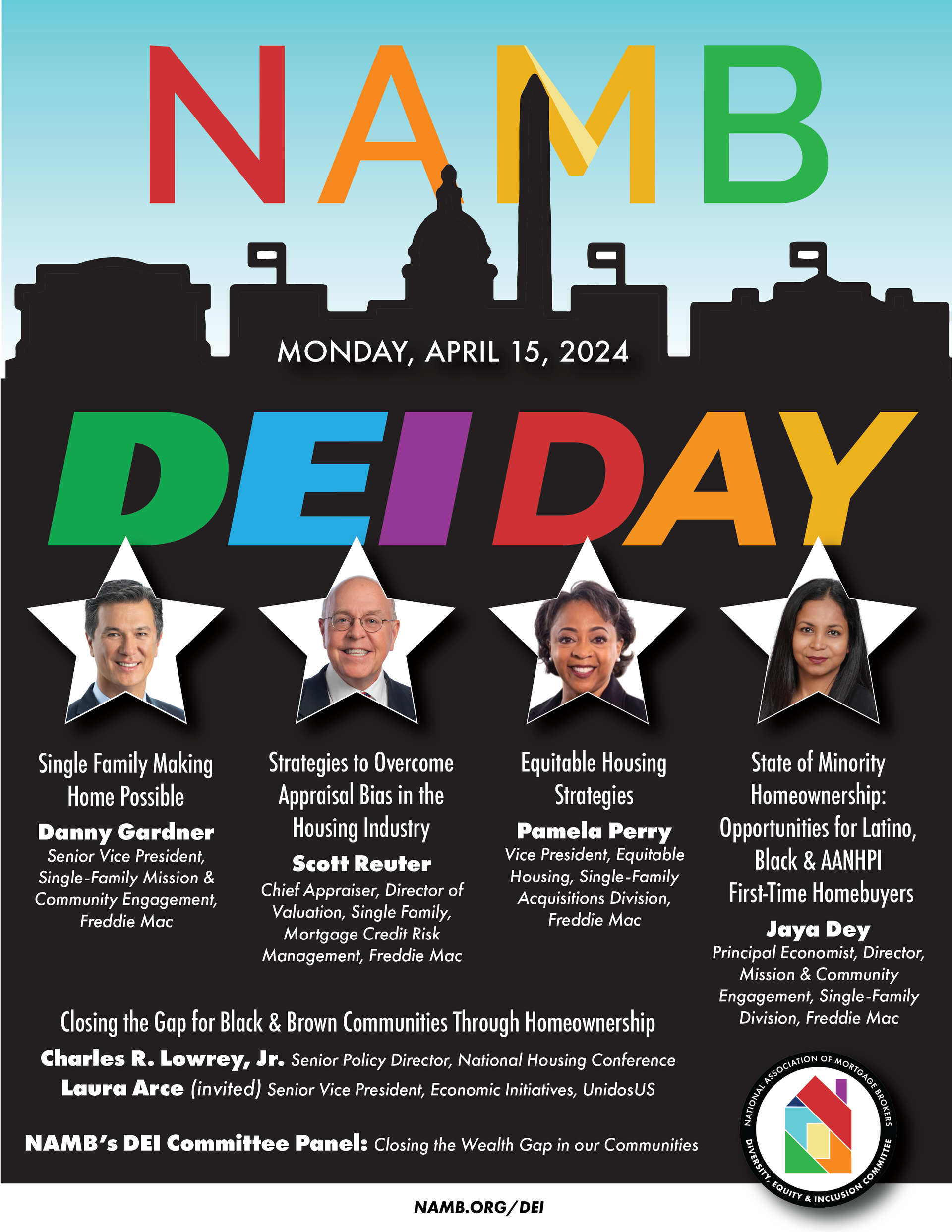 LRC-program-2024-dei NAMB DEI Day event flyer with colorful title and four speaker headshots on black background