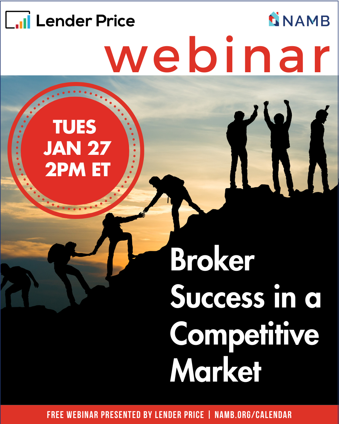 Webinar poster for “Broker Success in a Competitive Market,” with silhouettes on a sunset hill and event date
