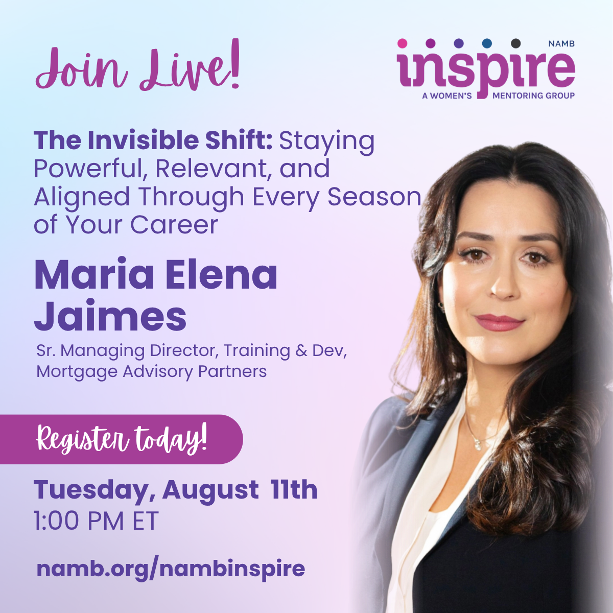 Purple and gold NAMB Women’s Mentoring Group flyer: “Register Today! Share with a colleague.”
