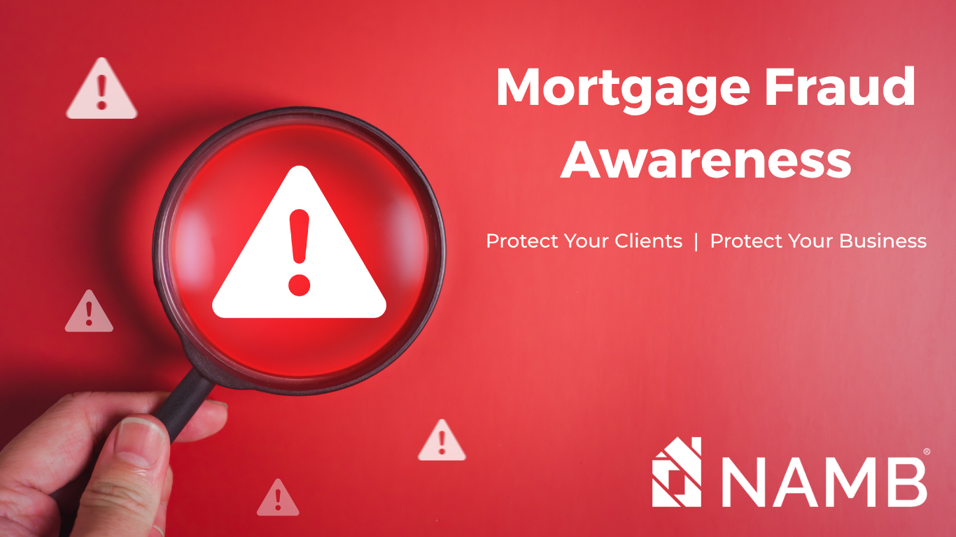 Red mortgage fraud awareness banner with magnifying glass over warning icon and NAMB logo