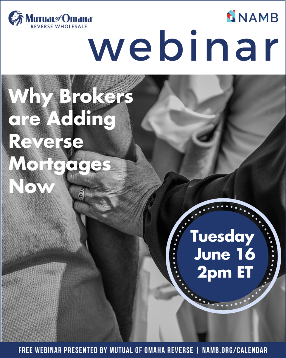 Webinar promo for brokers adding reverse mortgages, with blue date badge and handshake photo.