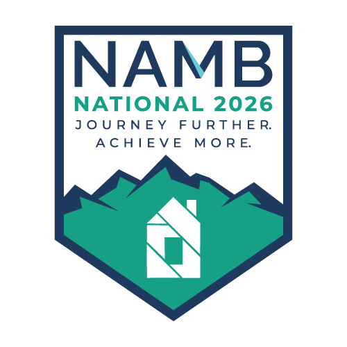 NAMB National 2026 badge with navy, teal, and green mountains and a house icon; slogan “Journey Further. Achieve More.”