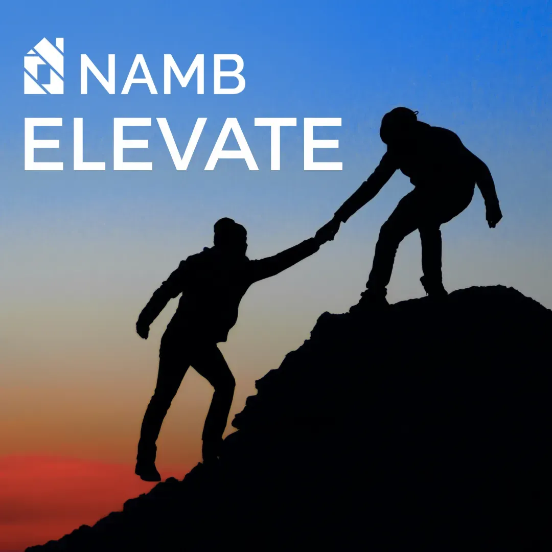 NAMB ELEVATE logo over sunrise silhouette of two hikers helping each other up a mountain