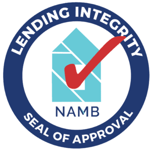 NAMB-lisa-2023 NAMB Lending Integrity seal of approval logo with blue ring, teal house, and red check mark