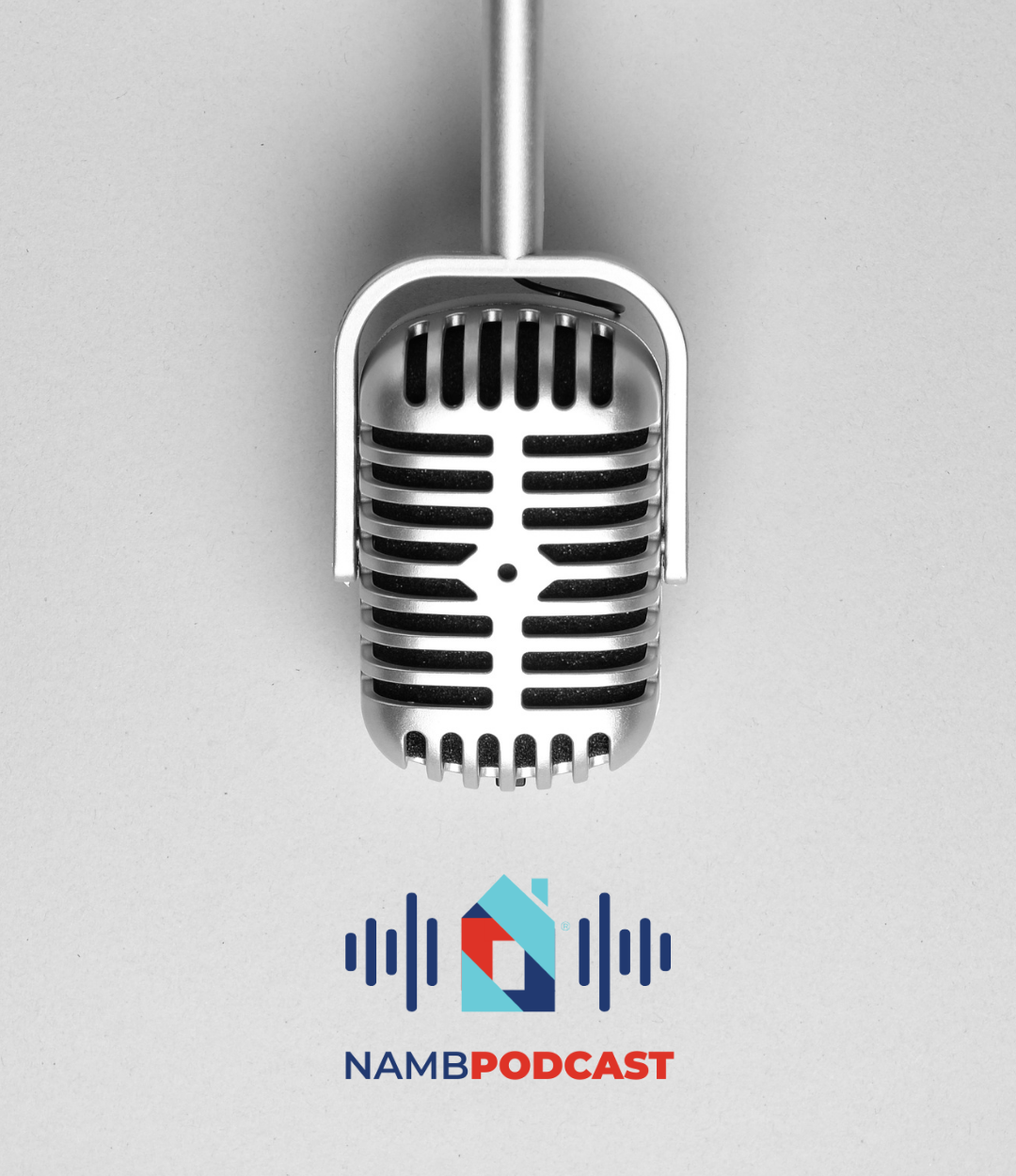 Vintage silver microphone above the NAMEPODCAST logo on a light gray background