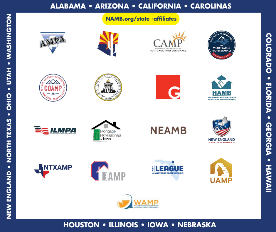 State Affiliates Collage of state homebuilding association logos on a blue background with state names around the border