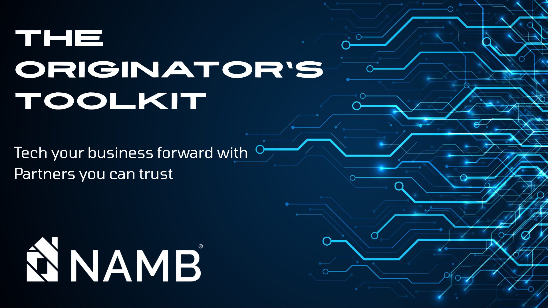 Dark blue tech banner reading “The Originator’s Toolkit” and “NAMB” with circuit lines and glowing network graphics