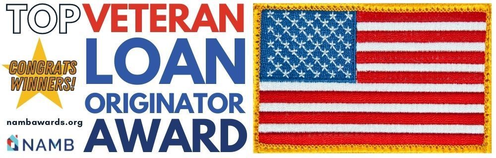 Top Veteran Loan Originator Award logo with an American flag and gold star icons
