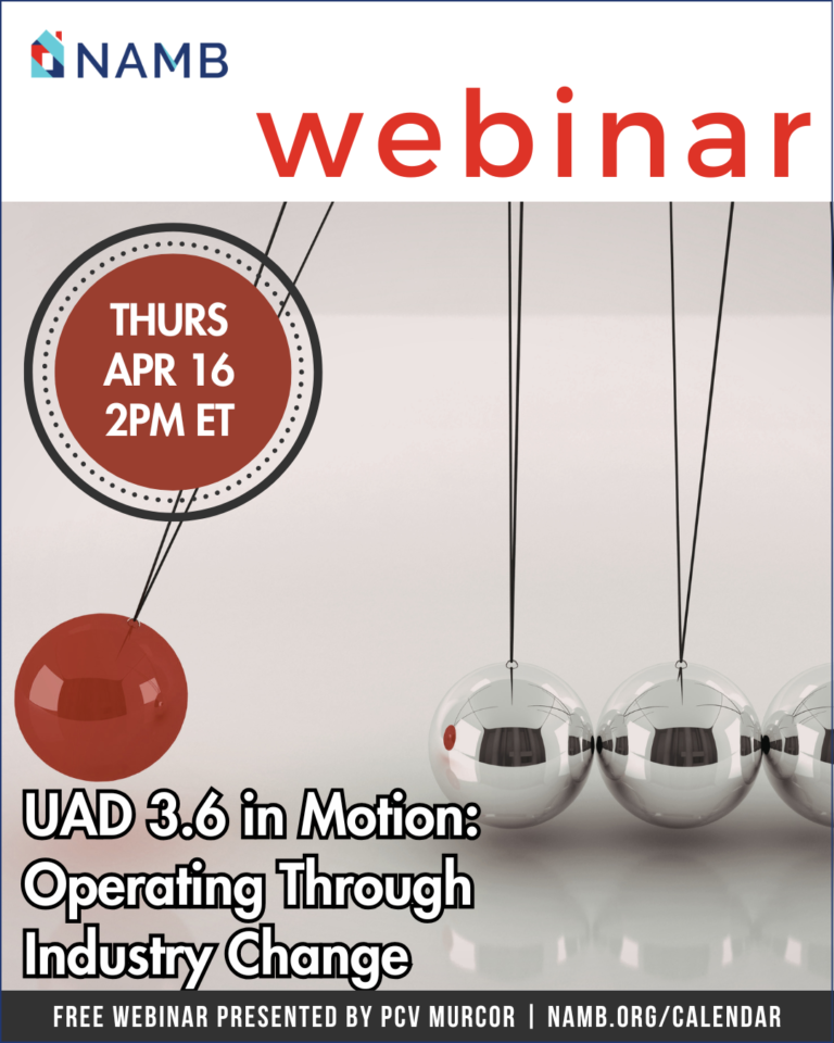 Webinar poster for UAD 3.6 in Motion: Operating Through Industry Change, with hanging red and silver spheres.