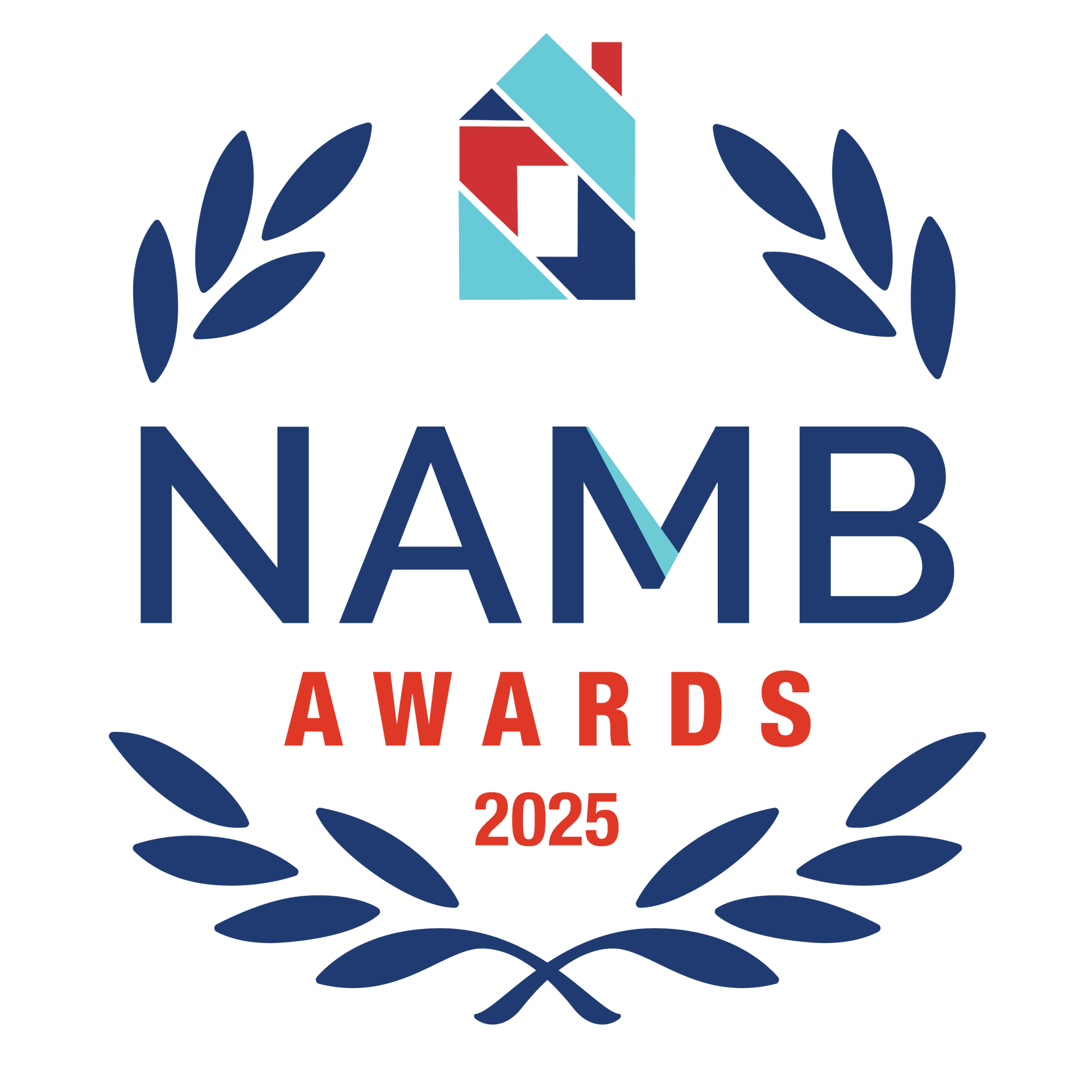 NAMB Awards 2025 logo with blue laurel branches and red-blue house icon on white background