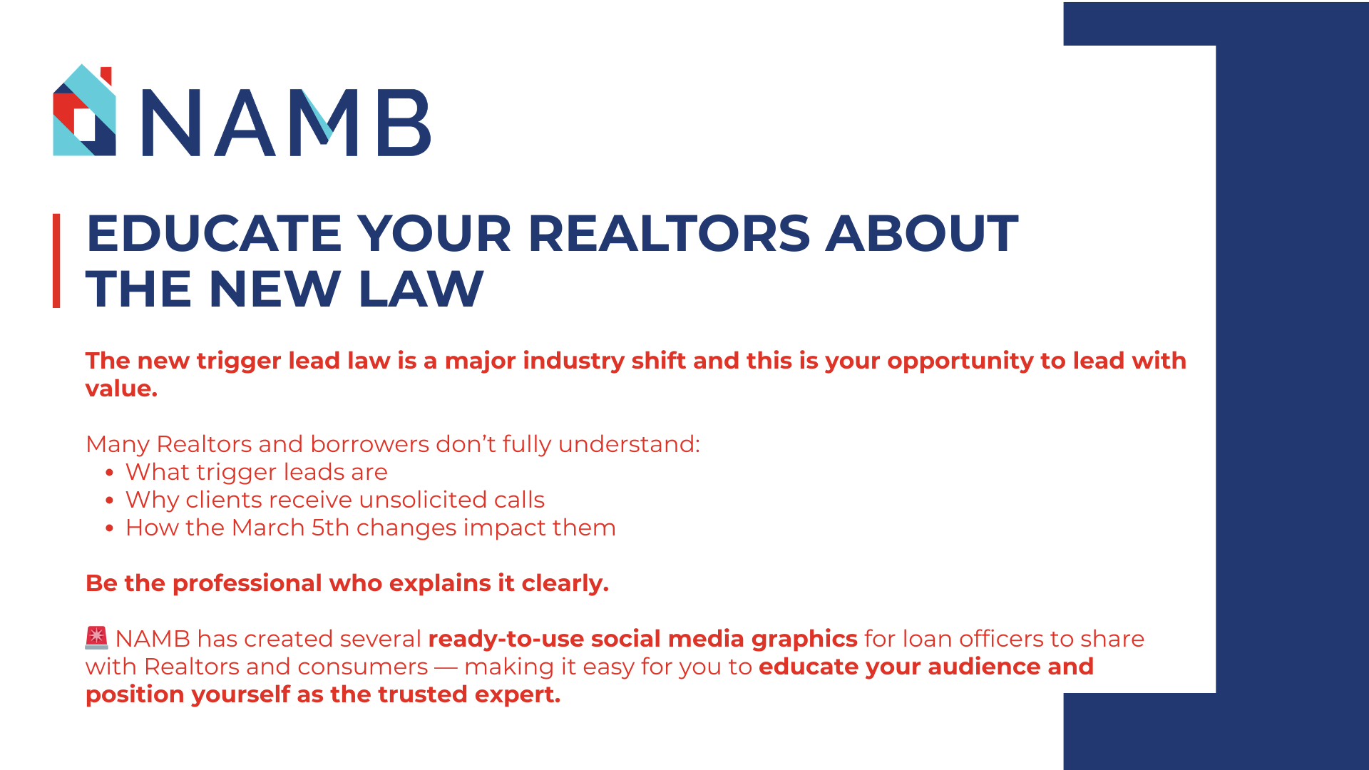educate (1) NAMB slide with blue and red logo, headline “Educate your realtors about the new law
