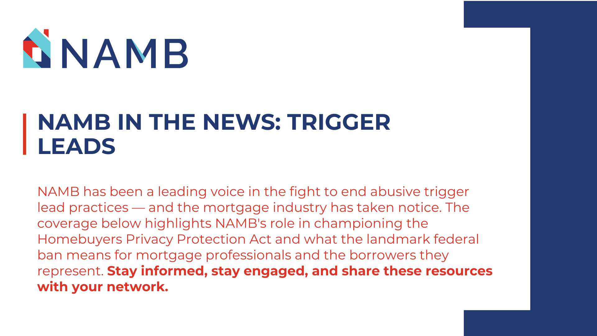in the news NAMB news alert graphic on trigger leads with blue and red text on white background